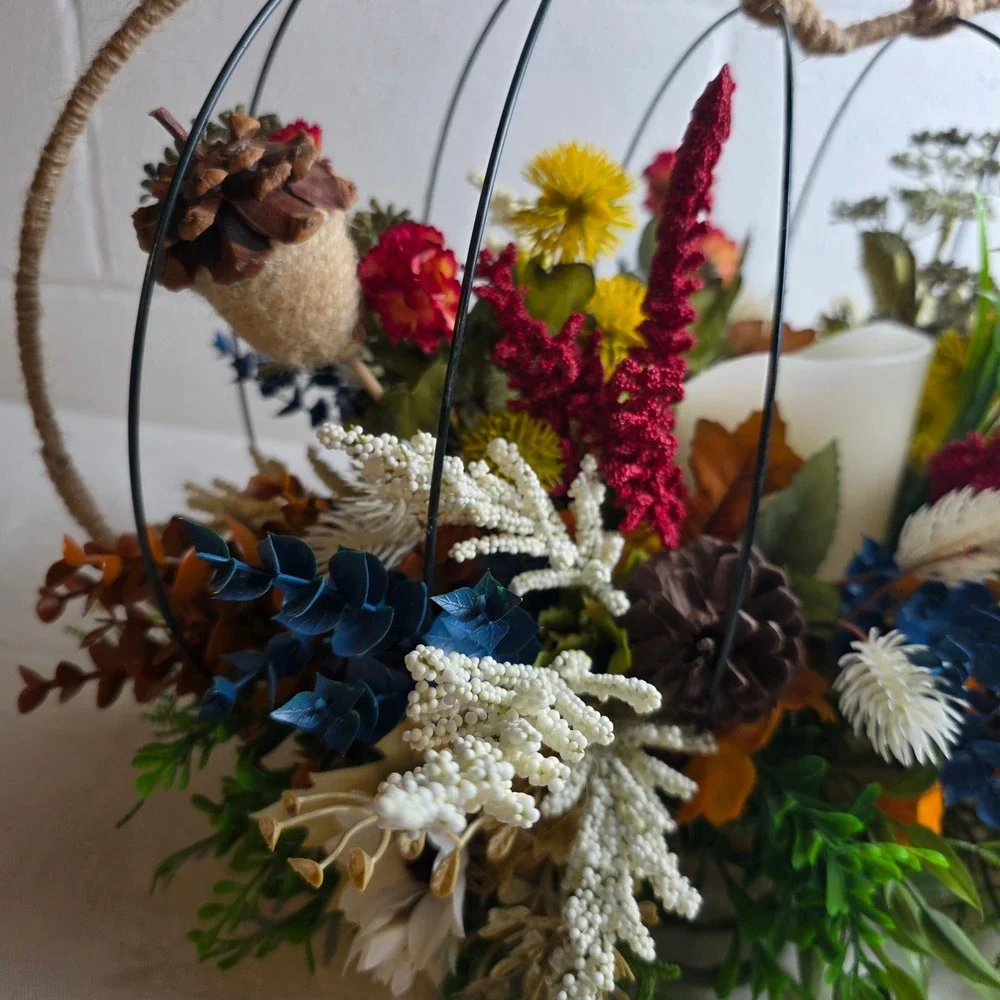 Rustic Fall Wire 3D Pumpkin Centerpiece Faux Florals Flameless Candle